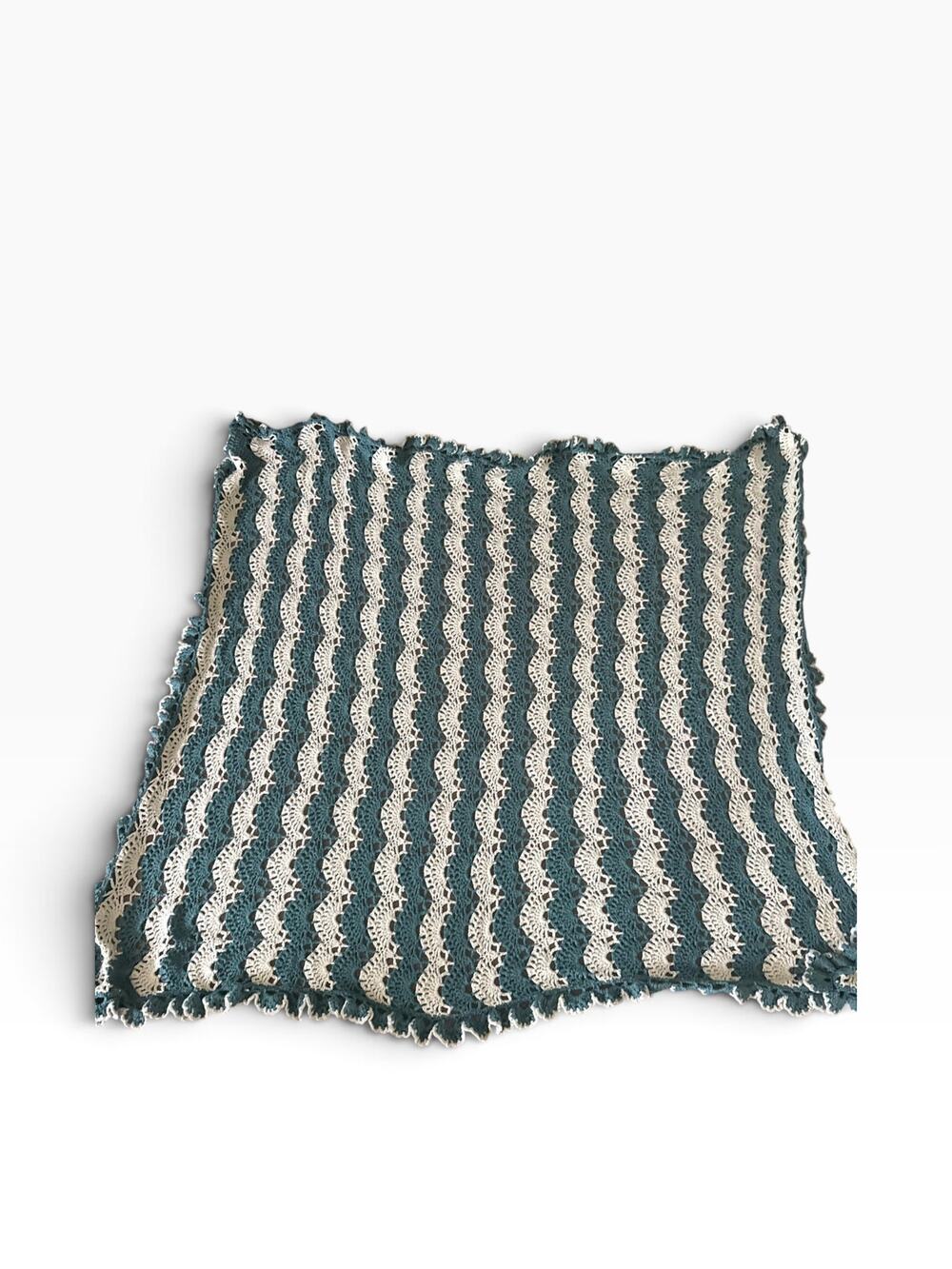 Vintage Handmade Crochet Blanket Teal Cream Ripple Shell Afghan 56” x 71”
